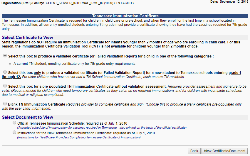 Example first page of the Tennessee Immunization Certificate