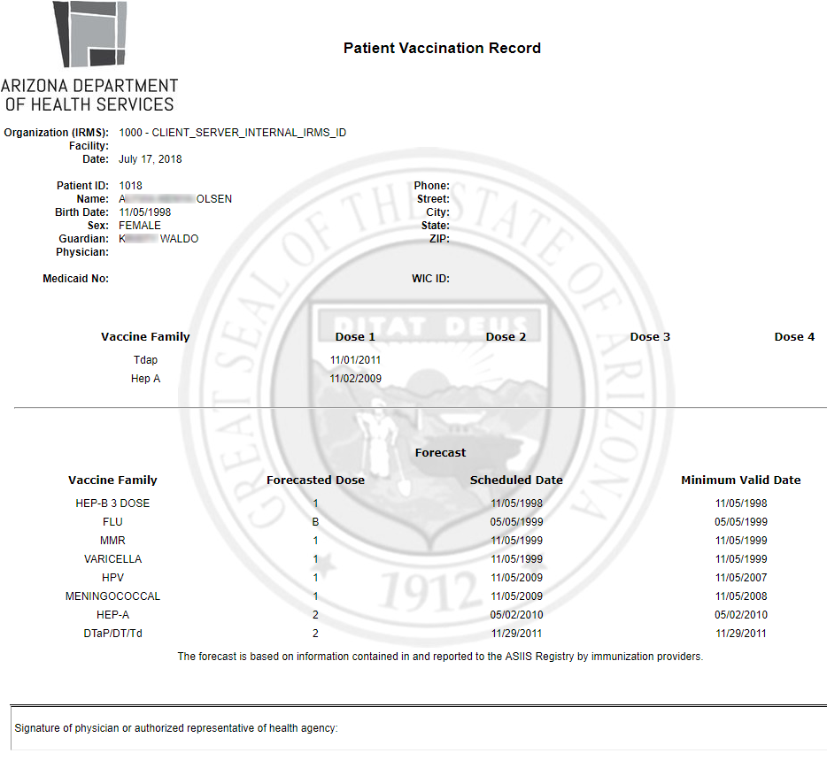 Example Patient Vaccination Report for Arizona