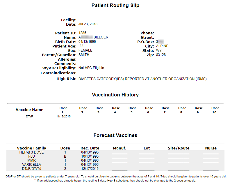 Example Patient Routing Slip for Wyoming