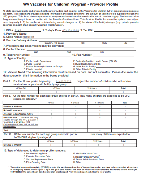 Example Vaccine Need report for West Virginia